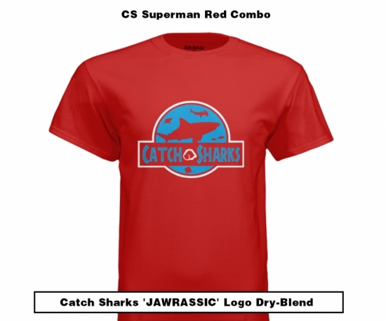Catch Sharks 'Jawrassic' Logo - Superman Red/Blue Short Sleeve Dry-Blend Shirt